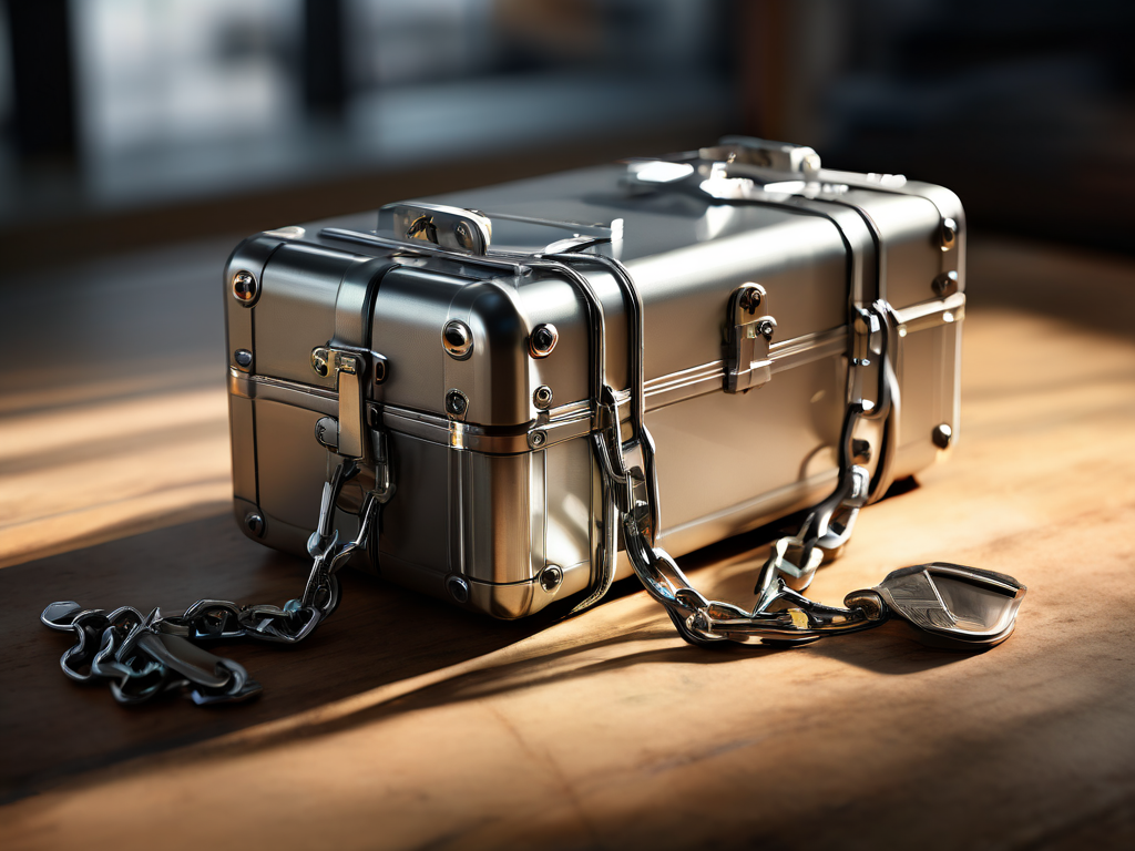 Metal security chain linking a sealed storage case to small block icons on a brushed metal surface, symbolizing broken file...