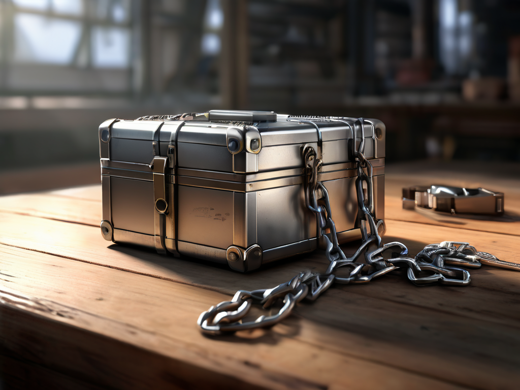 A sealed metal case with a short chain beside small block pieces arranged to show linked file locations on a brushed metal...