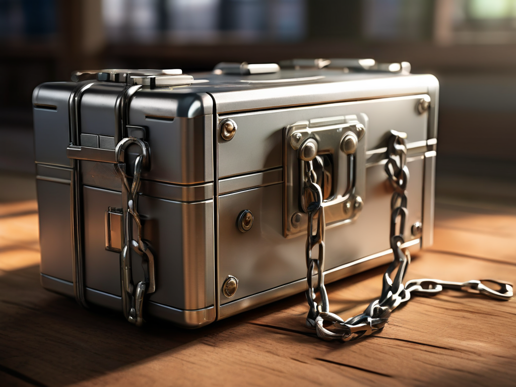 Brushed metal case with chain and location blocks on a surface, daylight.
